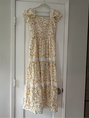 August Sky Smocked Yellow Floral Maxi Dress